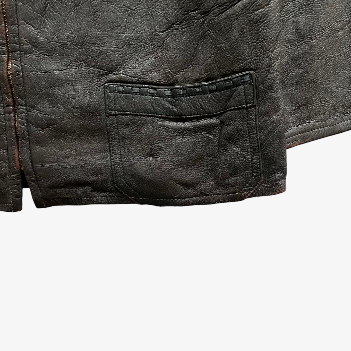 Vintage 80s Mens Dark Brown Leather Jacket With Woven Trim Hem - Casspios Dream