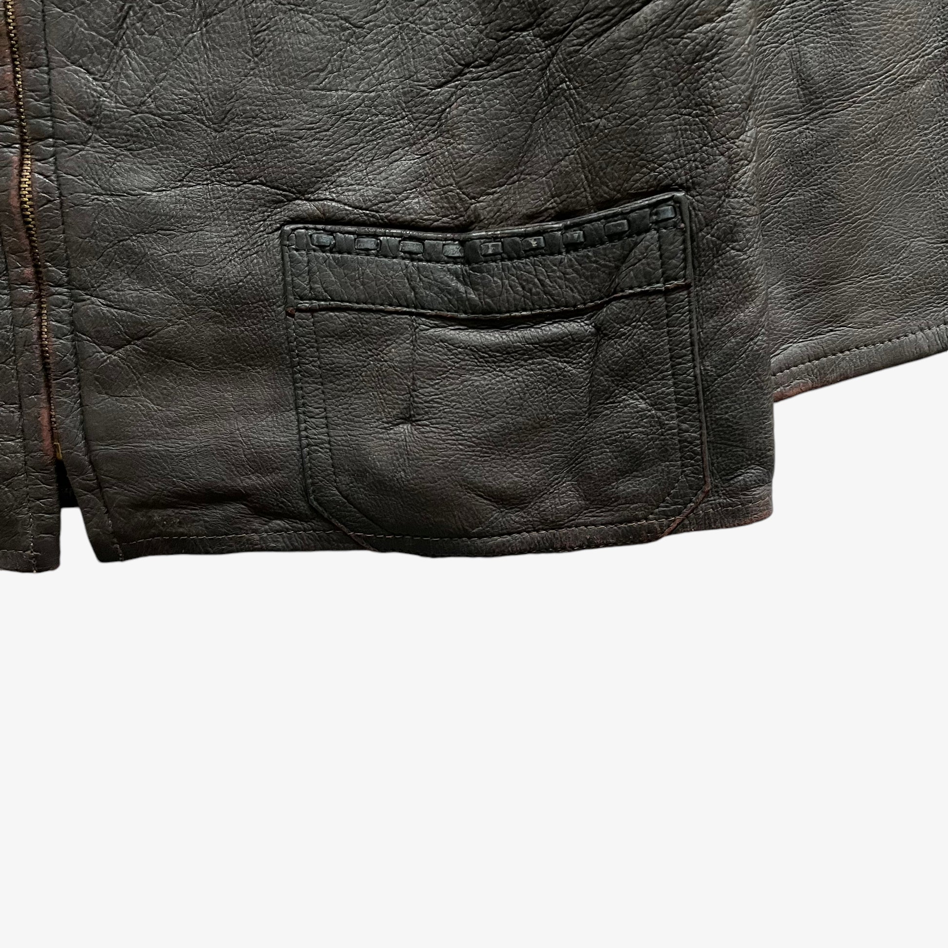 Vintage 80s Mens Dark Brown Leather Jacket With Woven Trim Hem - Casspios Dream