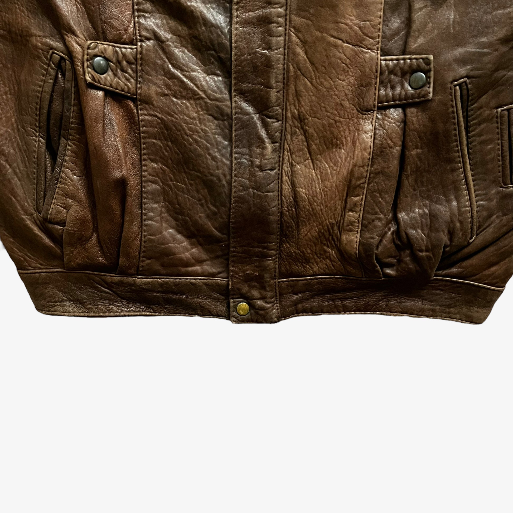 Vintage 80s Mens Dark Brown Leather Pilot Jacket Hem - Casspios Dream
