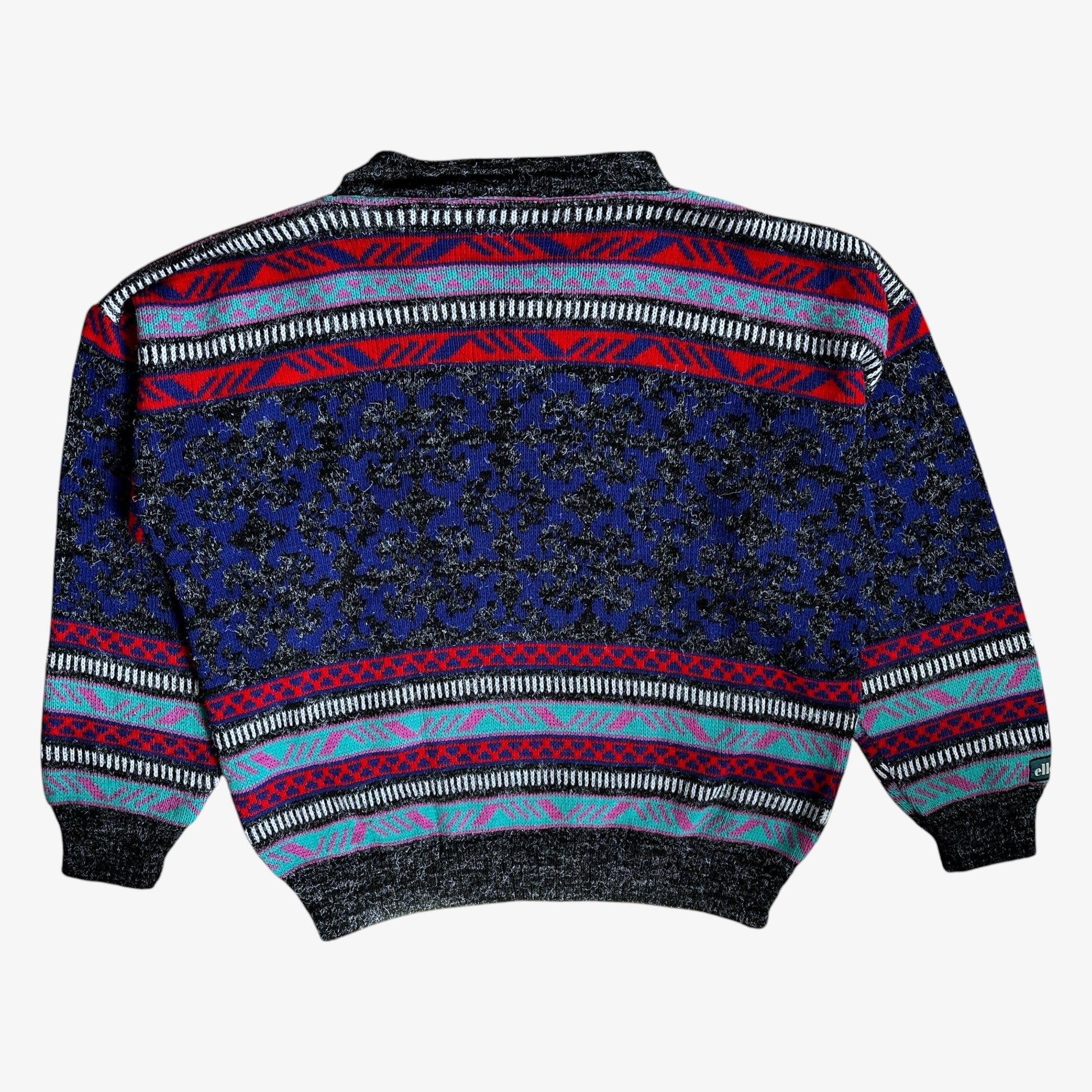 Back of Ellesse wool sweater with a colourful vintage 80s patterned design.