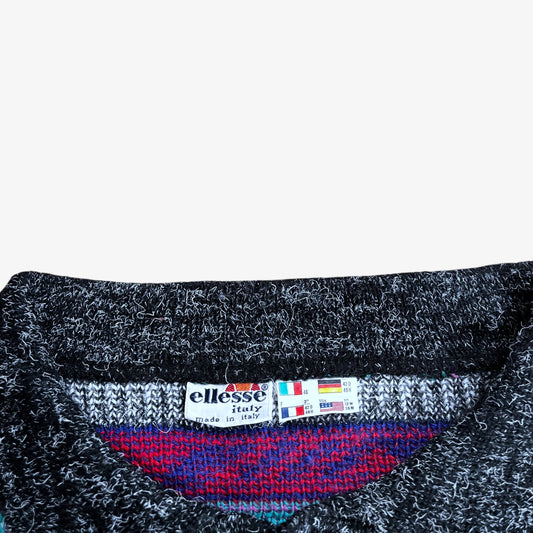 Close up of a vintage Ellesse label on a knitted sweater.