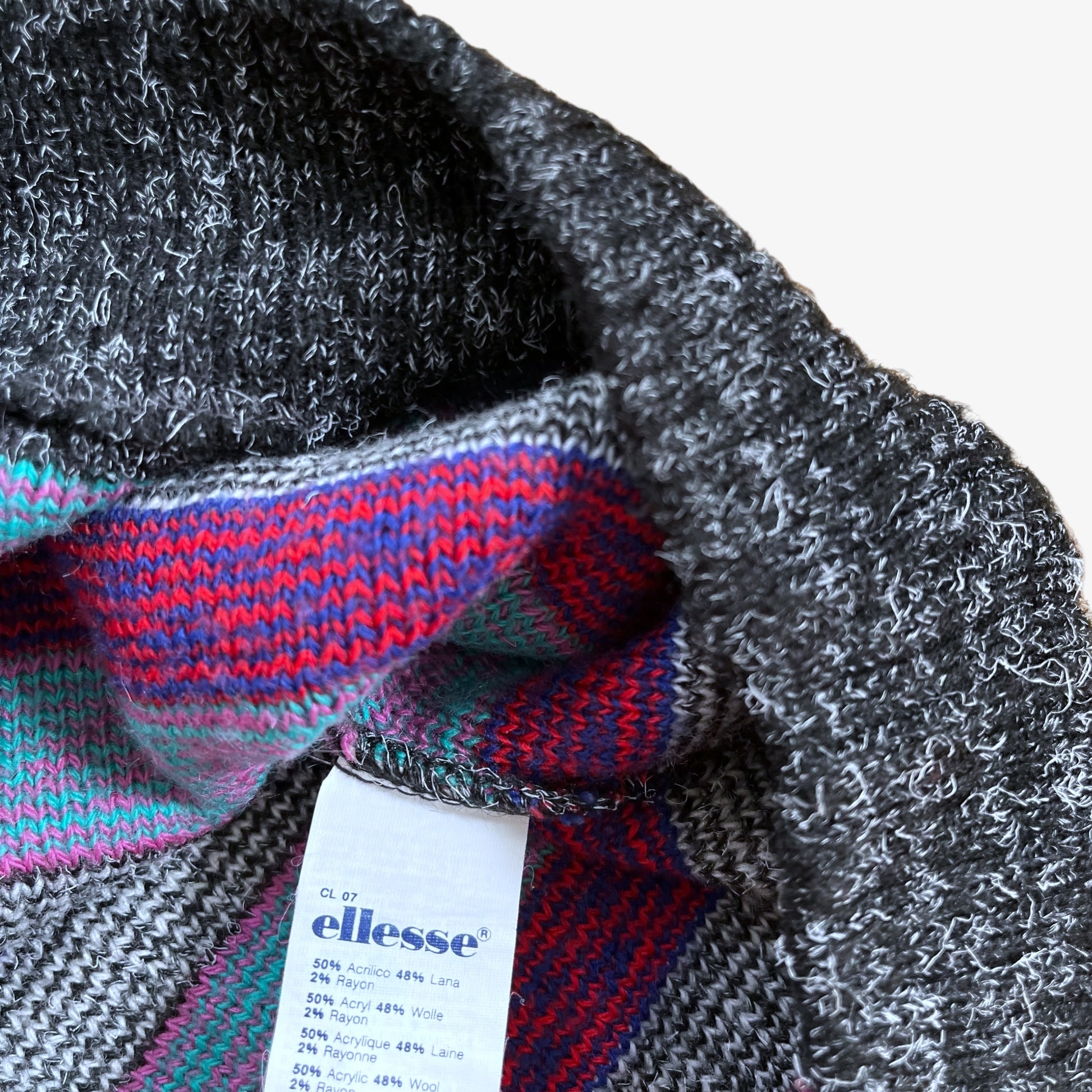 Close up of a material label inside of a colourful pattern sweater.