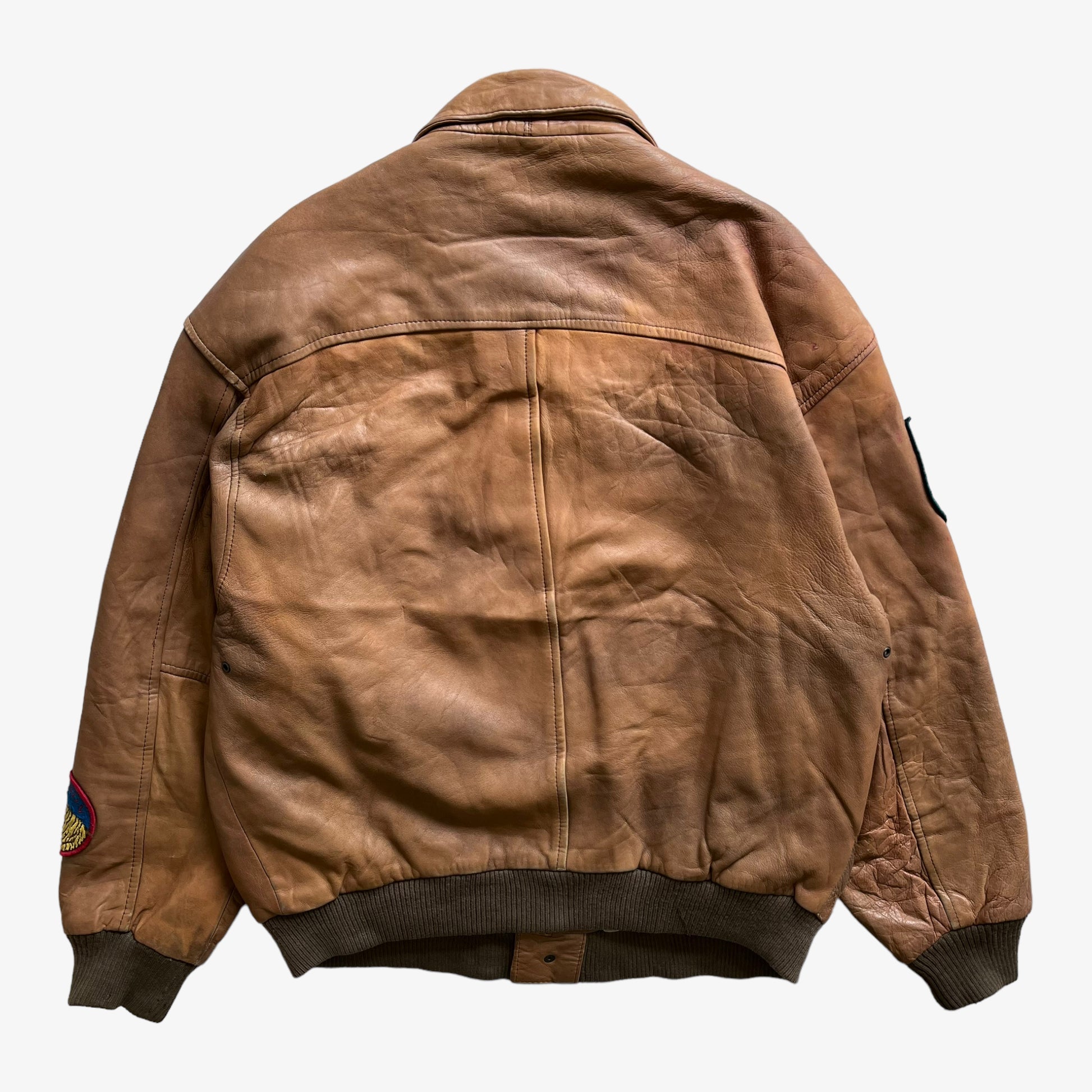 Vintage 80s Mens G-III Light Brown Leather Pilot Jacket With Metal Tip Collar Back - Casspios Dream