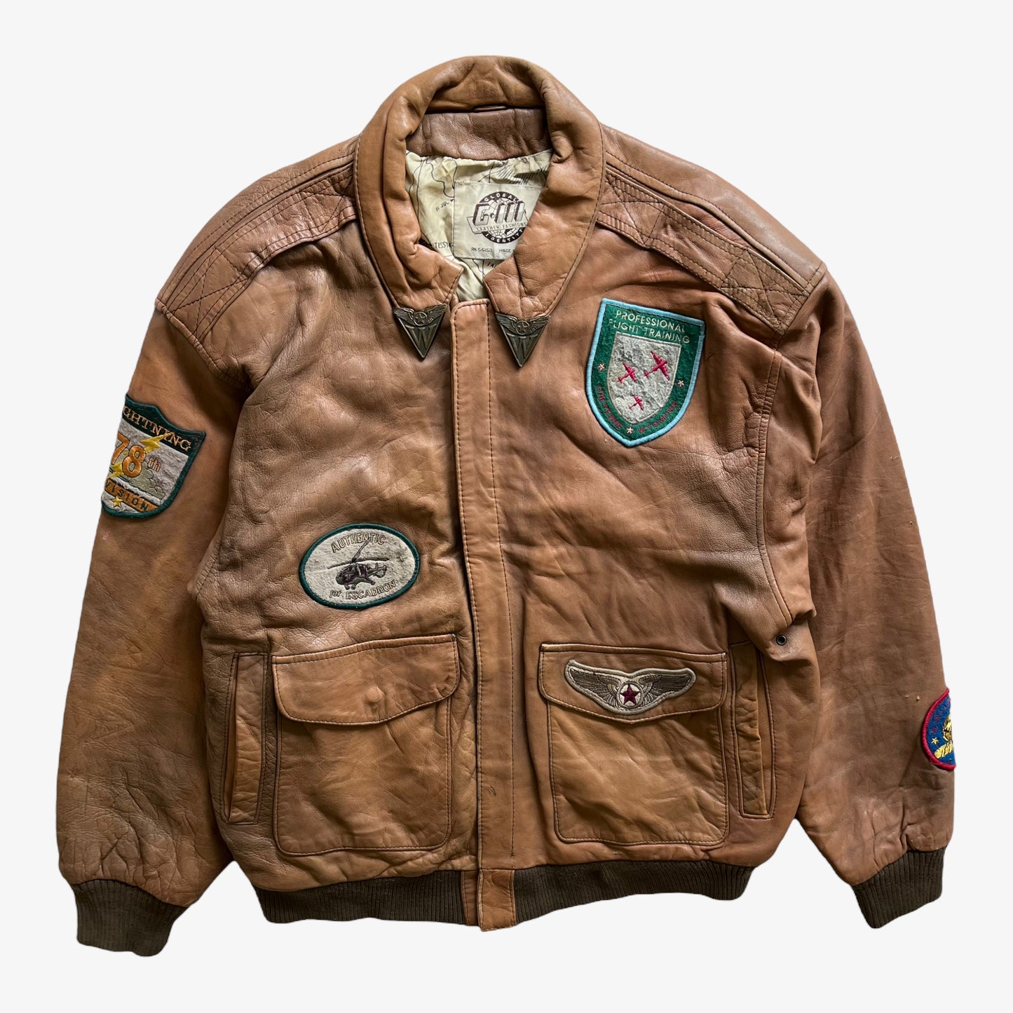 Vintage 80s Mens G-III Light Brown Leather Pilot Jacket With Metal Tip Collar - Casspios Dream