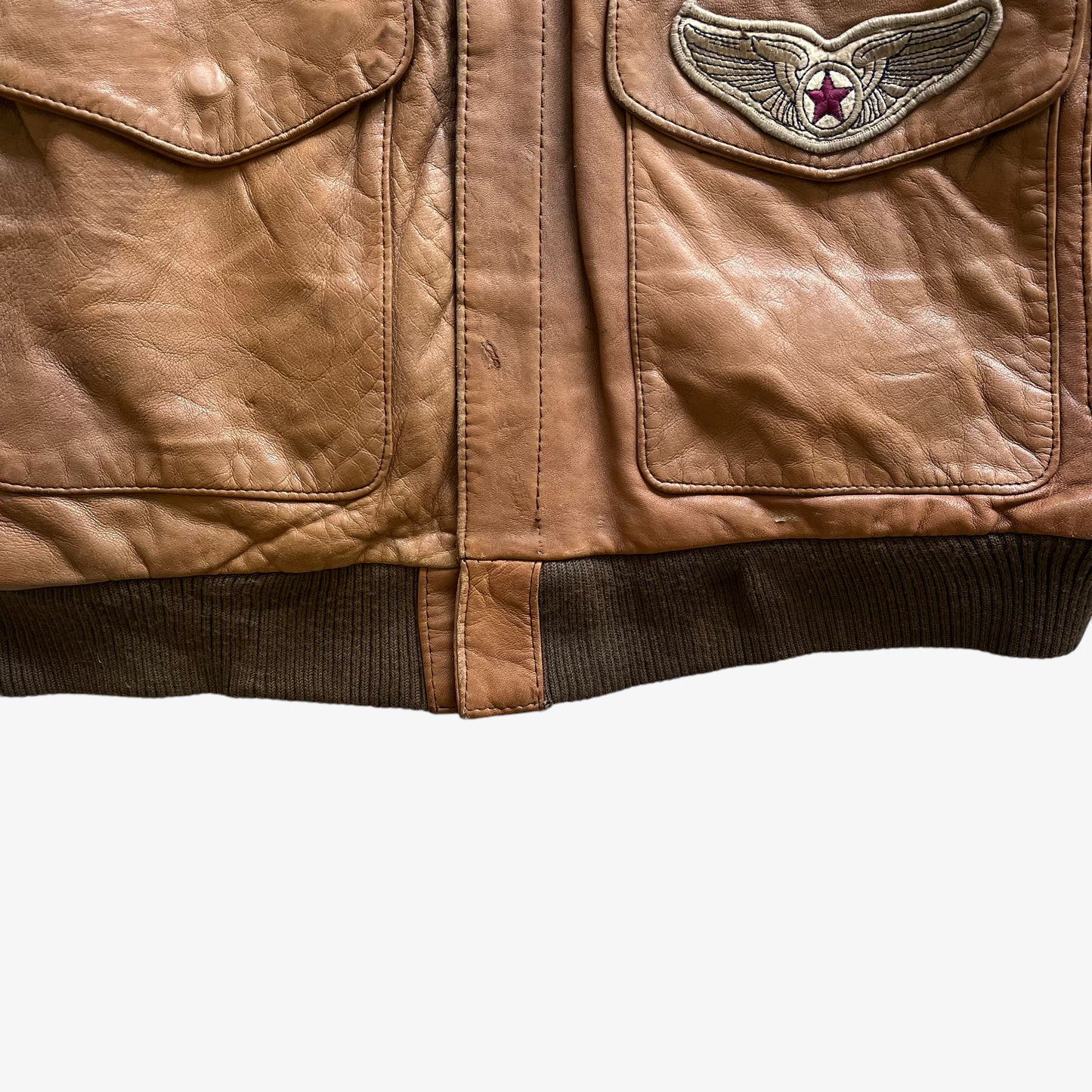 Vintage 80s Mens G-III Light Brown Leather Pilot Jacket With Metal Tip Collar Hem - Casspios Dream