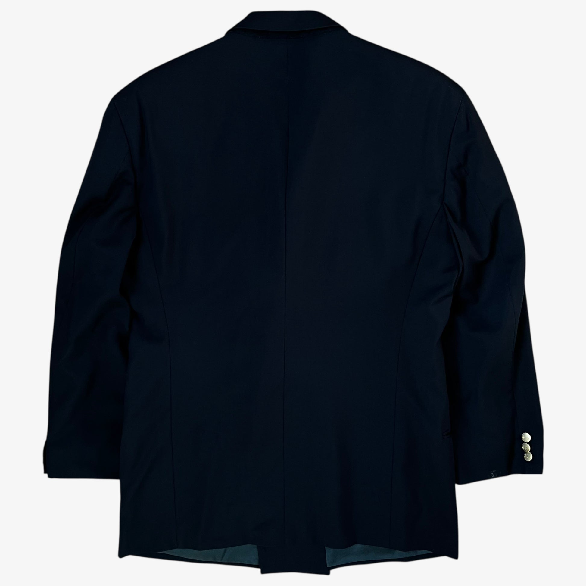 Back of men's vintage 80s Giorgio Armani Le Collezioni navy double breasted wool blazer.