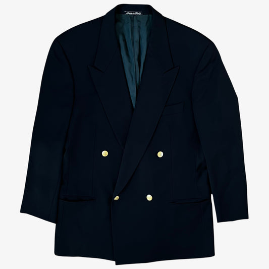 Men's vintage 80s Giorgio Armani Le Collezioni navy double breasted wool blazer.