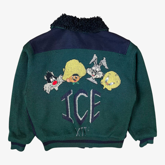 Back of vintage 80s Looney Tunes ICEBERG men’s green and navy wool varsity jacket from 1987 with embroidered cartoon details and letterman style.