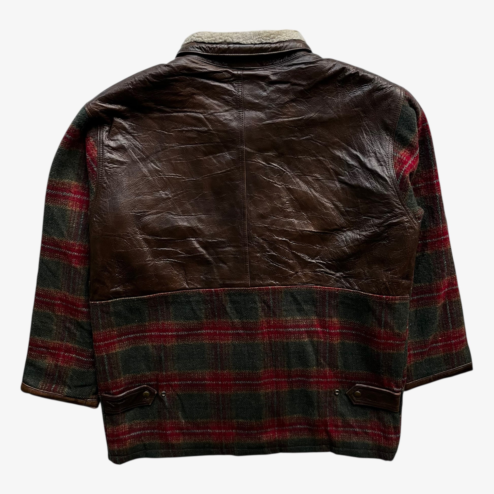 Back of vintage 80s men's Ian Sport leather and wool blend tartan print jacket.
