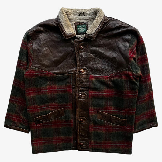 Vintage 80s men's Ian Sport leather and wool blend tartan print jacket.