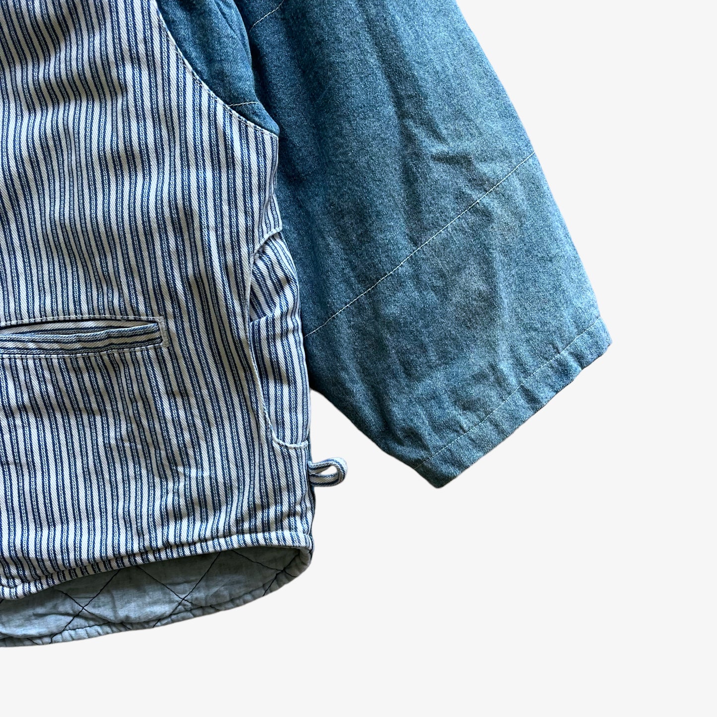 Vintage 80s Mens Lois Blue Denim Puffer Jacket With Striped Waistcoat Arm - Casspios Dream