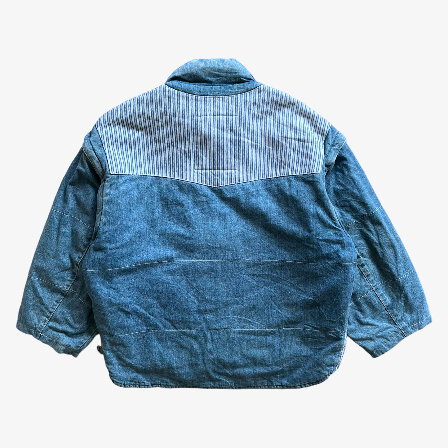Vintage 80s Mens Lois Blue Denim Puffer Jacket With Striped Waistcoat Back - Casspios Dream
