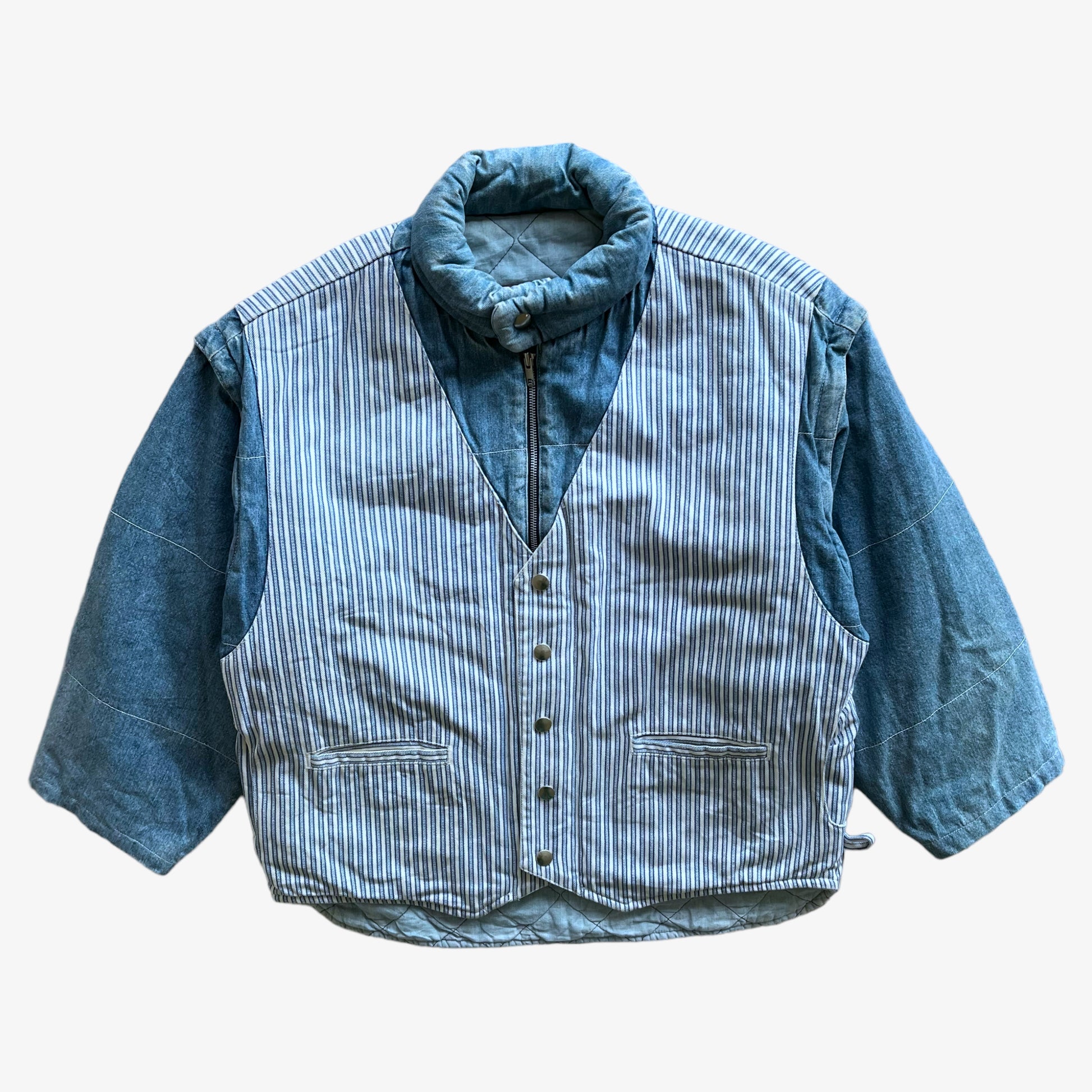 Vintage 80s Mens Lois Blue Denim Puffer Jacket With Striped Waistcoat - Casspios Dream