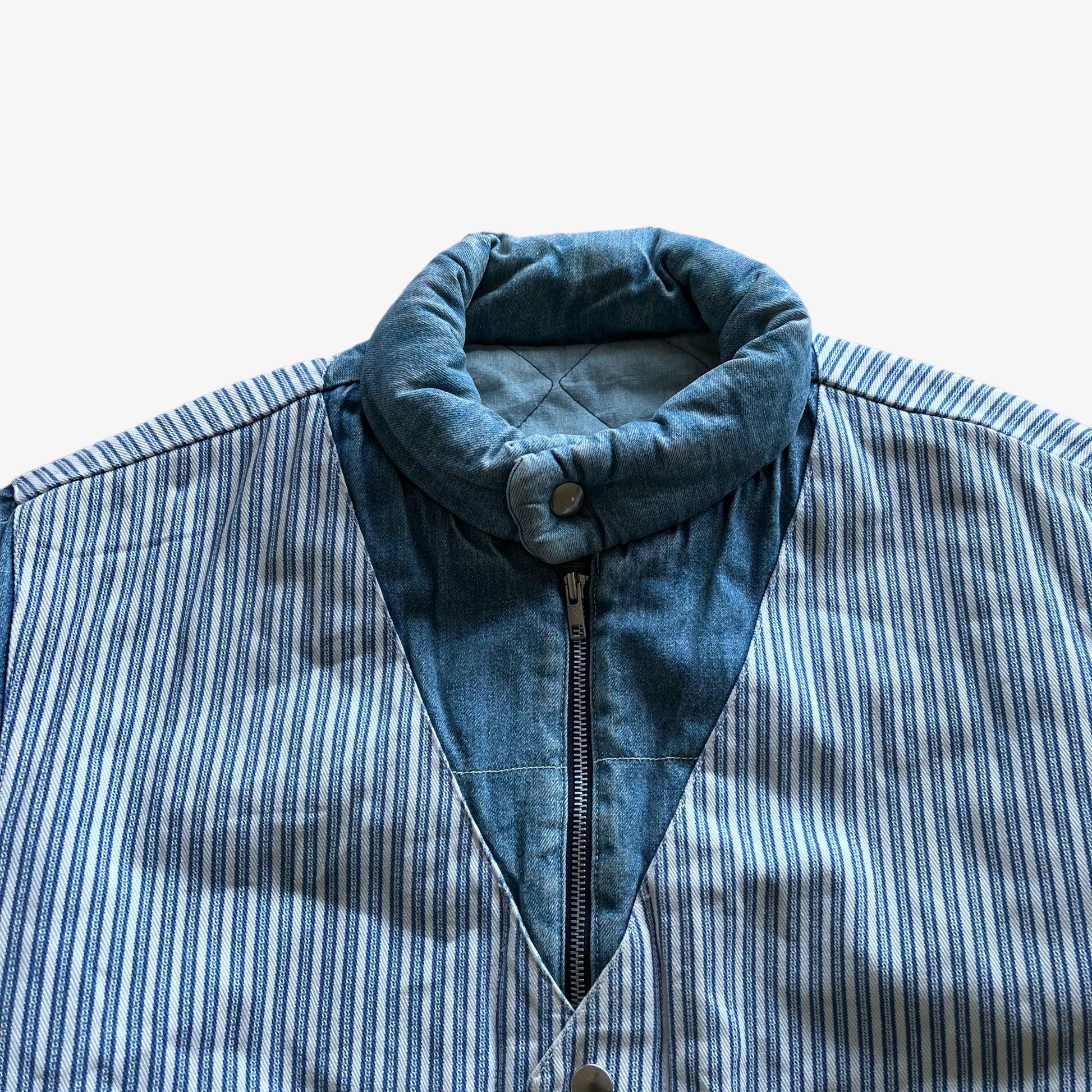 Vintage 80s Mens Lois Blue Denim Puffer Jacket With Striped Waistcoat Collar - Casspios Dream