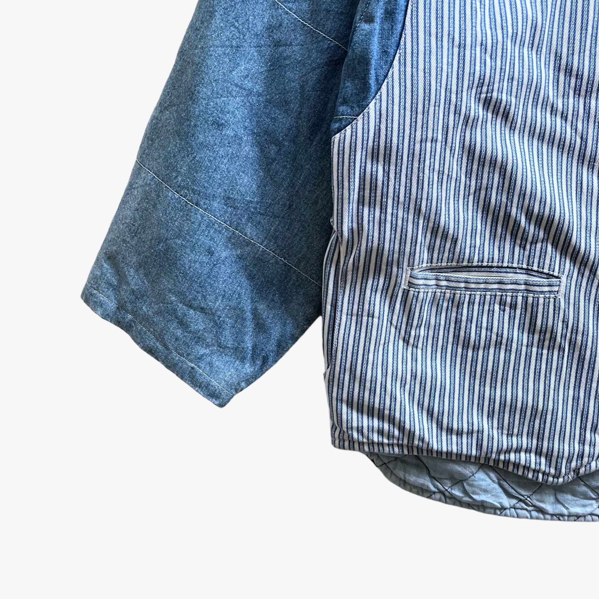 Vintage 80s Mens Lois Blue Denim Puffer Jacket With Striped Waistcoat Cuff - Casspios Dream