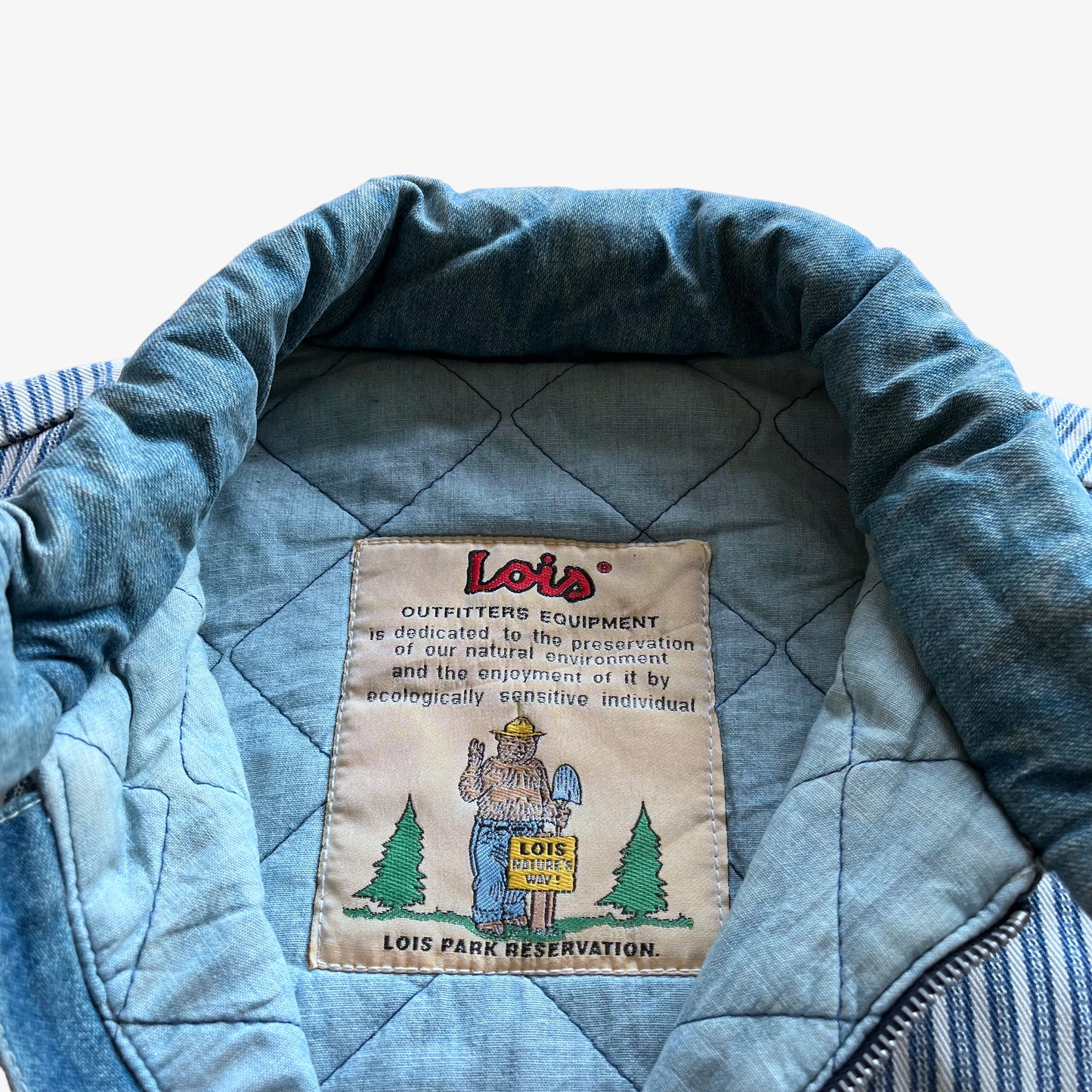 Vintage 80s Mens Lois Blue Denim Puffer Jacket With Striped Waistcoat Label - Casspios Dream