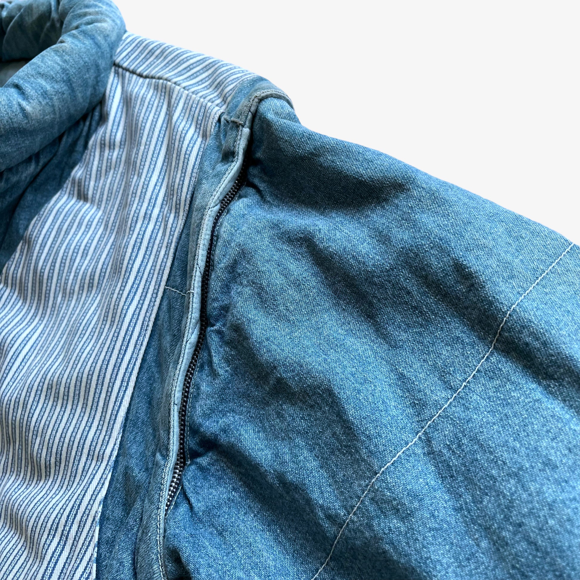 Vintage 80s Mens Lois Blue Denim Puffer Jacket With Striped Waistcoat Removable Arms - Casspios Dream