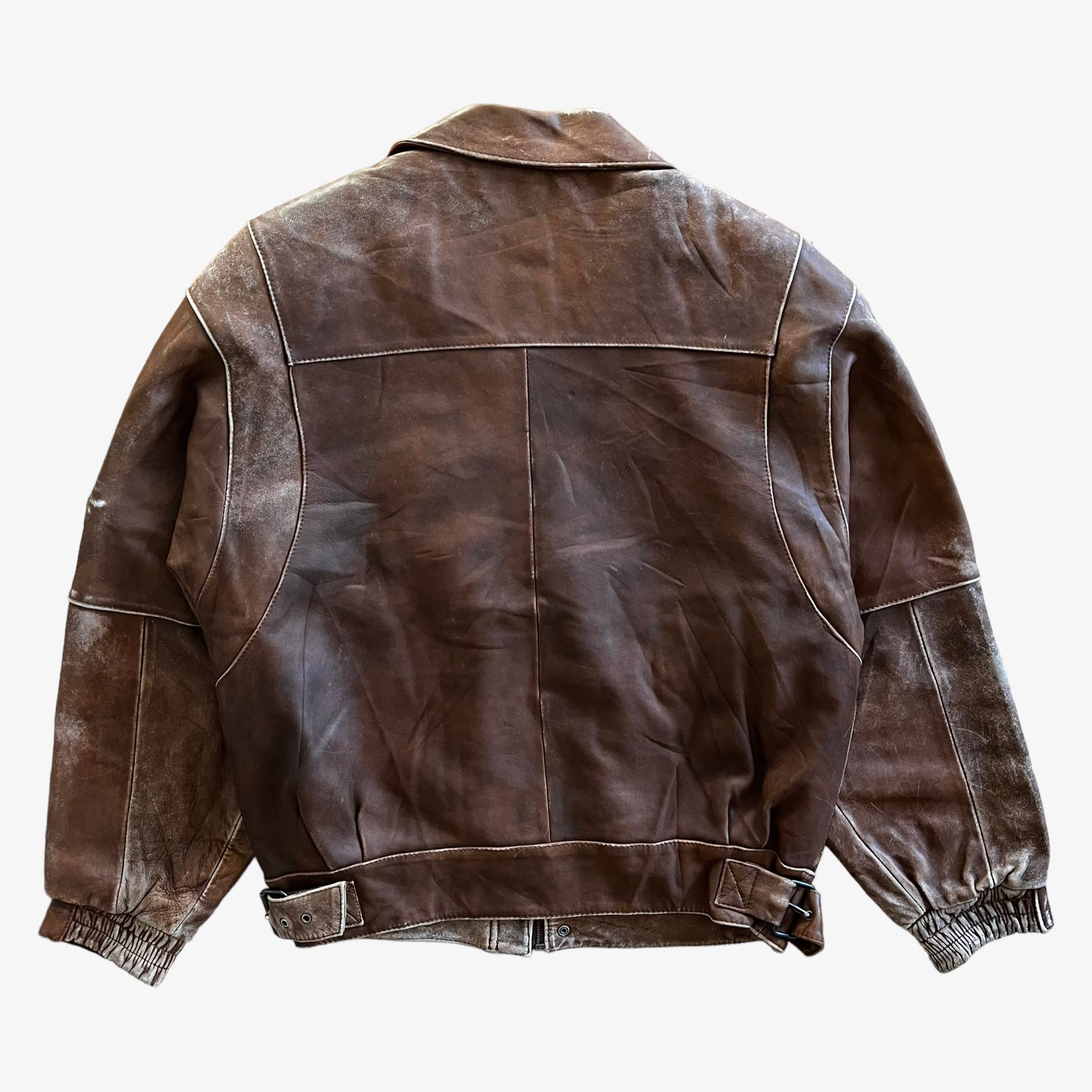 Vintage 80s Mens Messageries Aeriennes Brown Leather Pilot Jacket Back - Casspios Dream