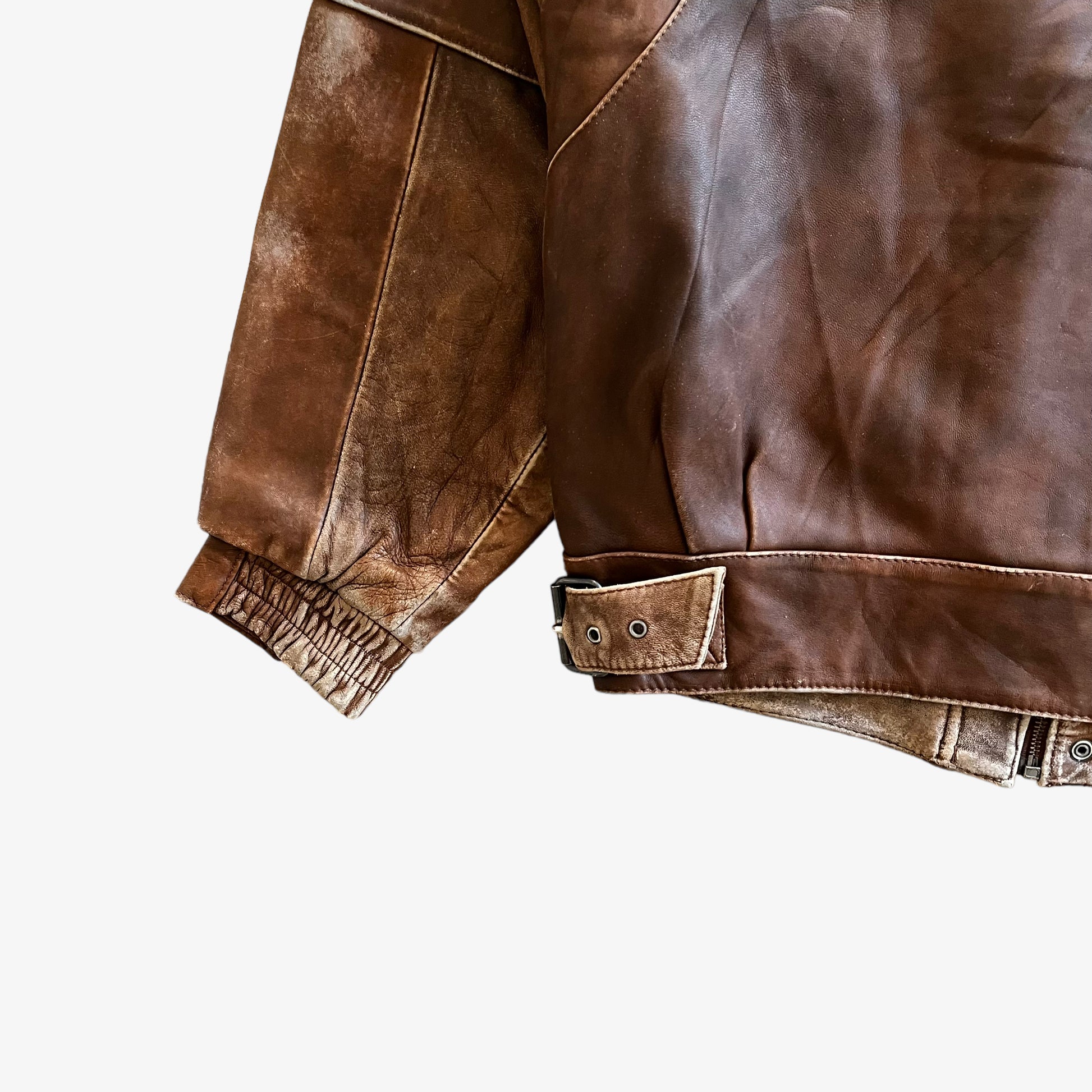 Vintage 80s Mens Messageries Aeriennes Brown Leather Pilot Jacket Back Hem - Casspios Dream