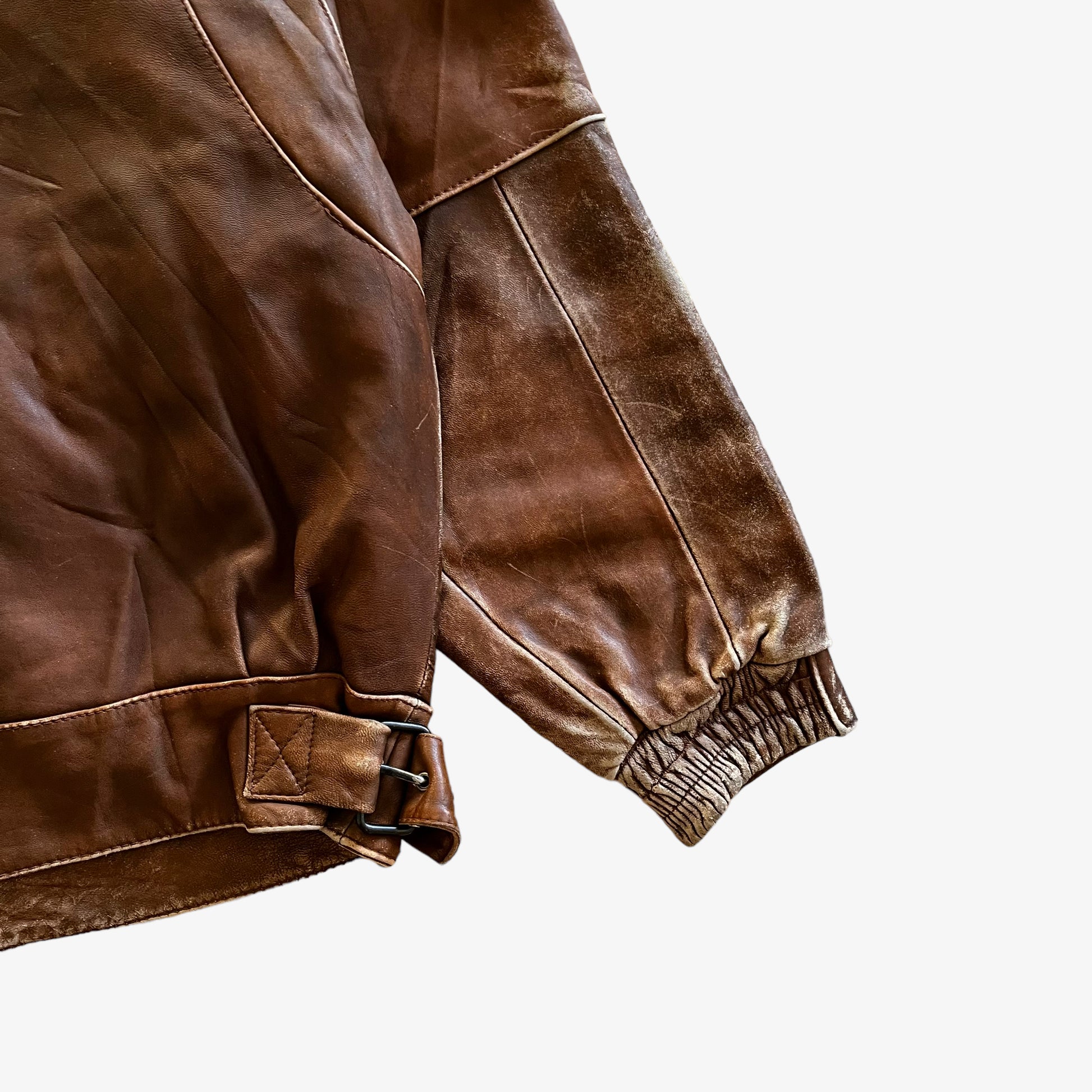 Vintage 80s Mens Messageries Aeriennes Brown Leather Pilot Jacket Buckle - Casspios Dream