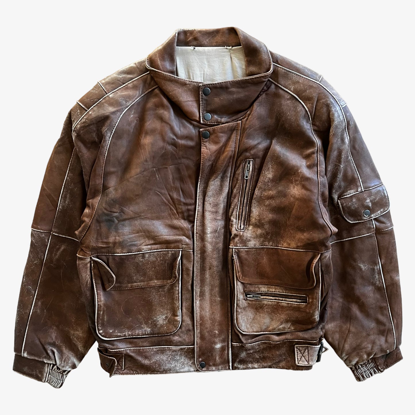 Vintage 80s Mens Messageries Aeriennes Brown Leather Pilot Jacket - Casspios Dream