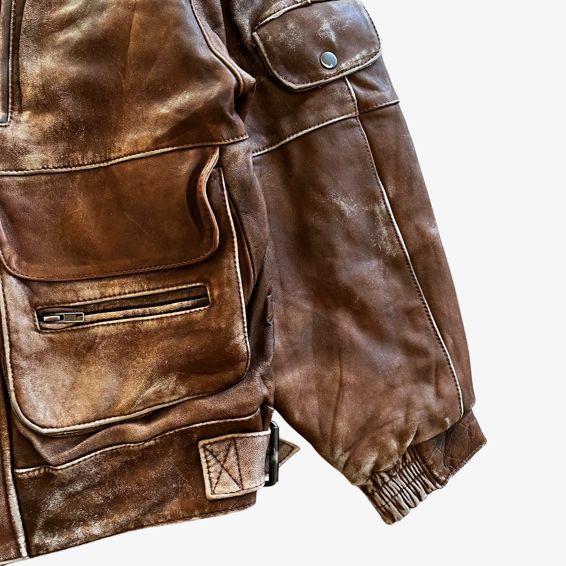 Vintage 80s Mens Messageries Aeriennes Brown Leather Pilot Jacket Cuff - Casspios Dream