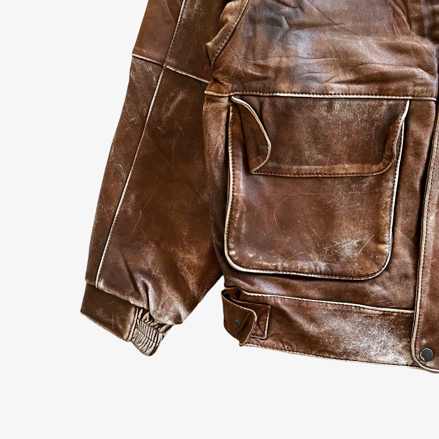Vintage 80s Mens Messageries Aeriennes Brown Leather Pilot Jacket Hem - Casspios Dream