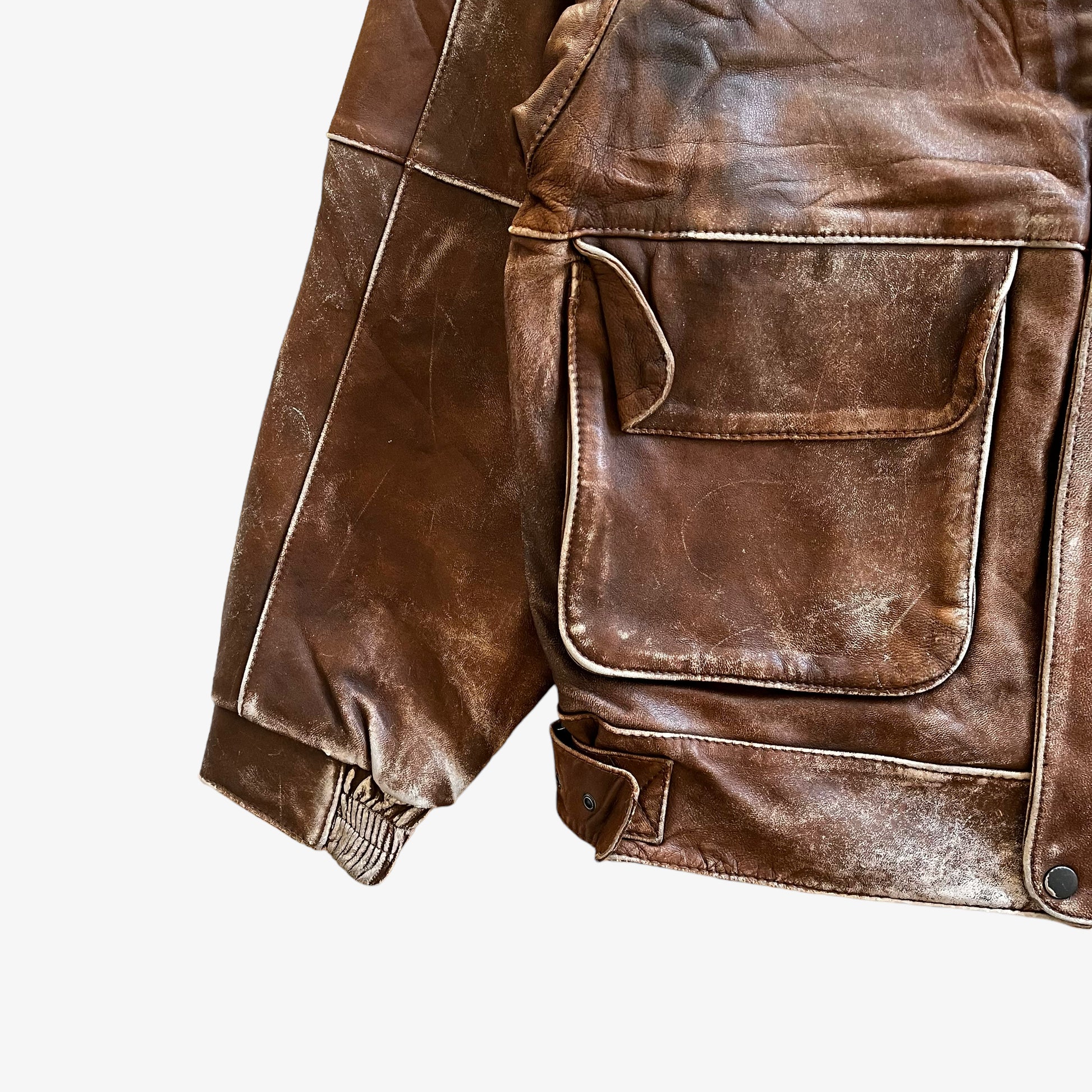 Vintage 80s Mens Messageries Aeriennes Brown Leather Pilot Jacket Hem - Casspios Dream