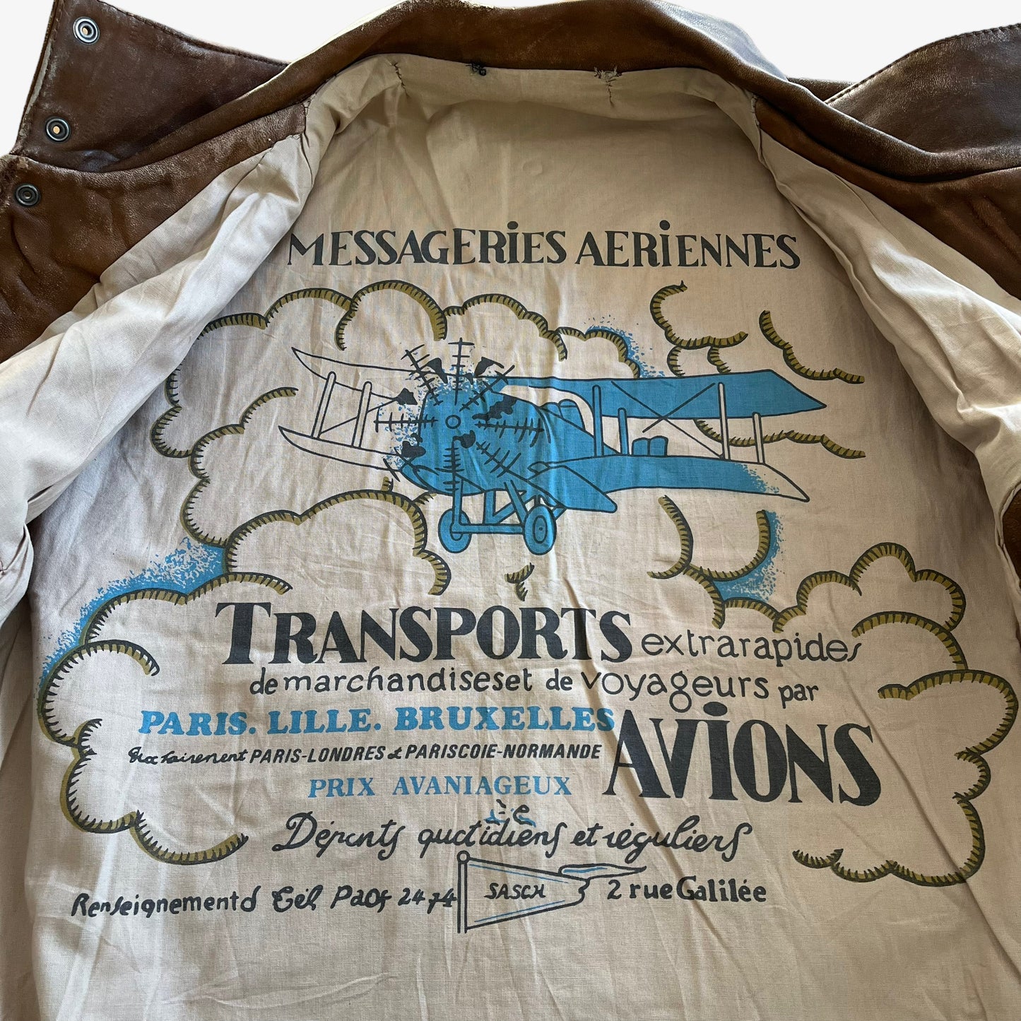 Vintage 80s Mens Messageries Aeriennes Brown Leather Pilot Jacket Label - Casspios Dream