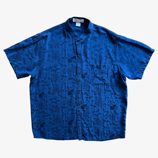 Vintage 80s Mens Oriental Print Short Sleeve Blue Silk Shirt - Casspios Dream