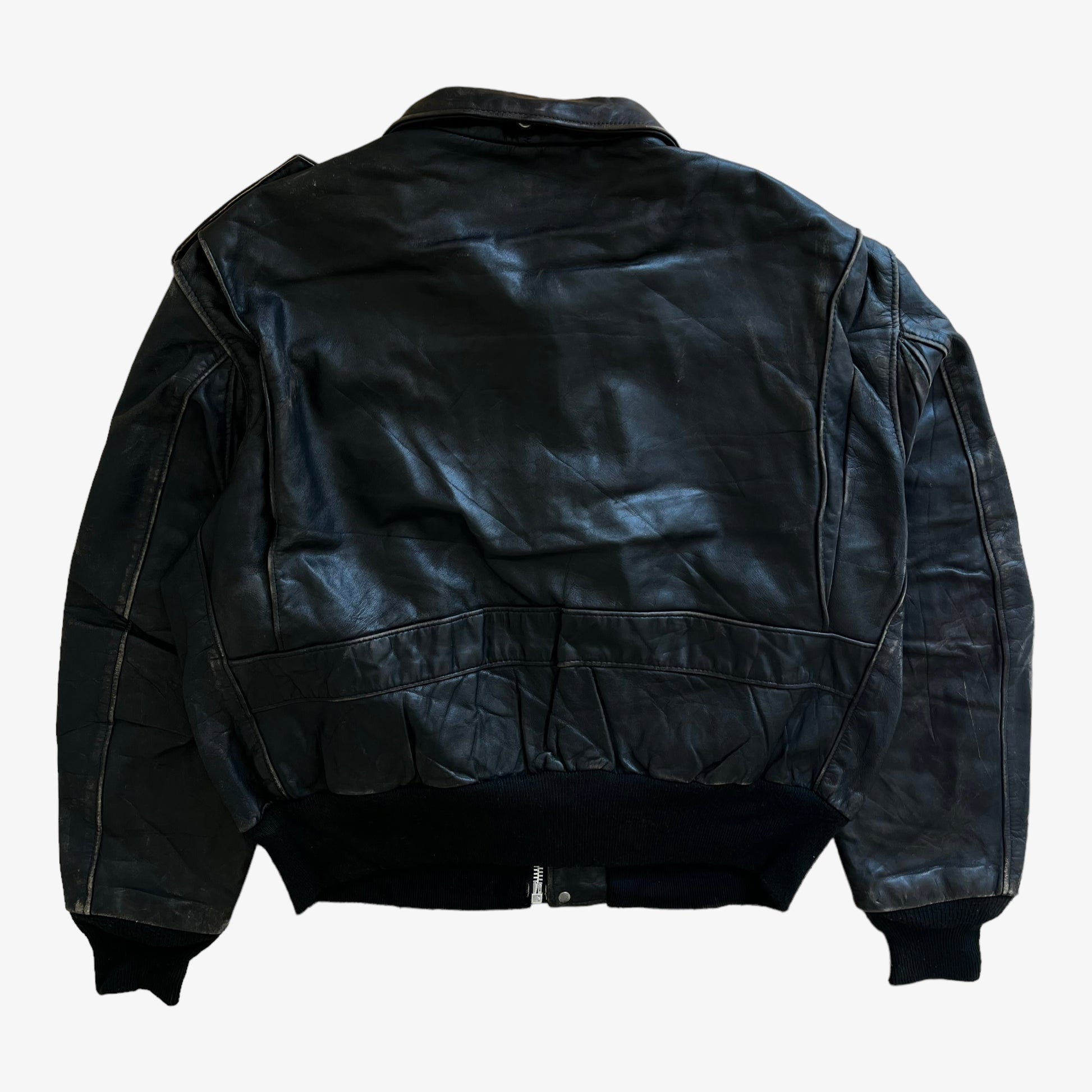 Vintage 80s Men's Schott Black Leather Pilot Jacket Back - Casspios Dream