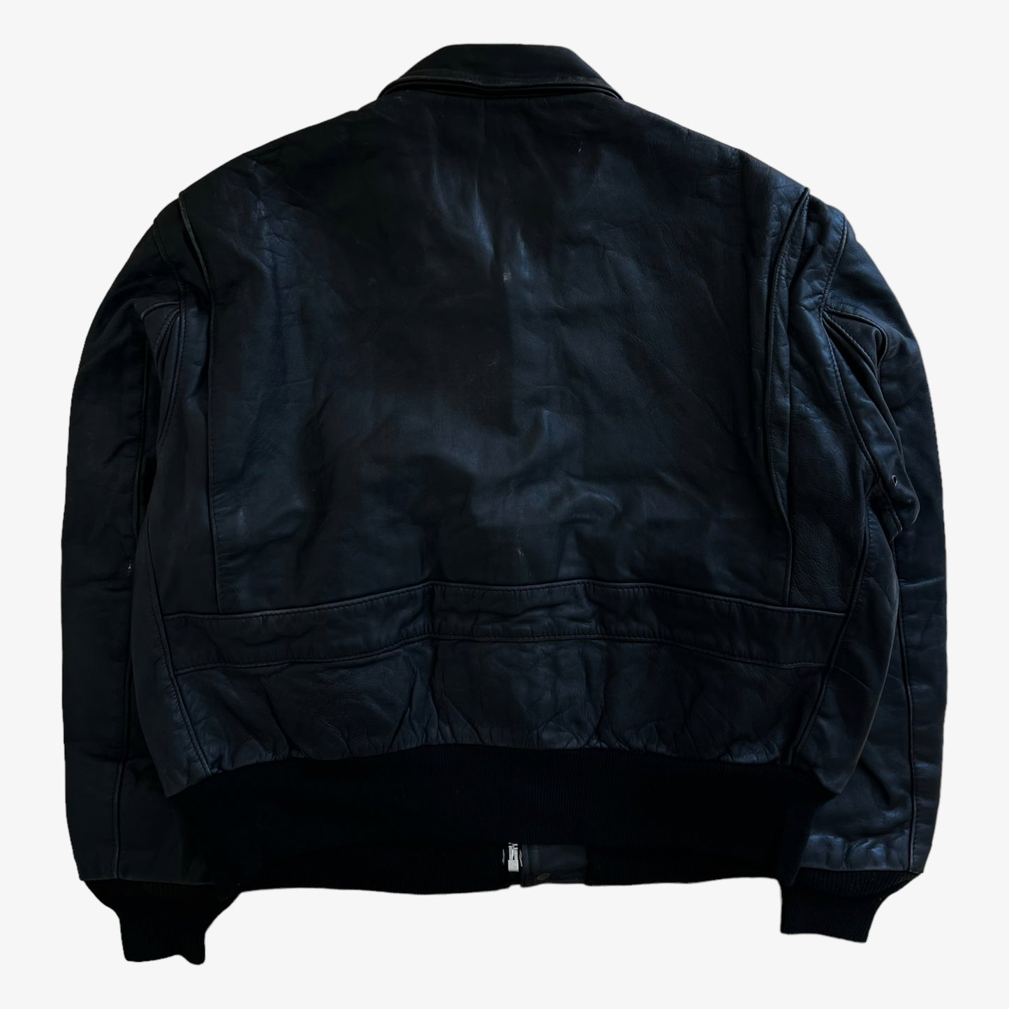 Vintage 80s Mens Schott Black Leather Pilot Jacket Back - Casspios Dream Vintage