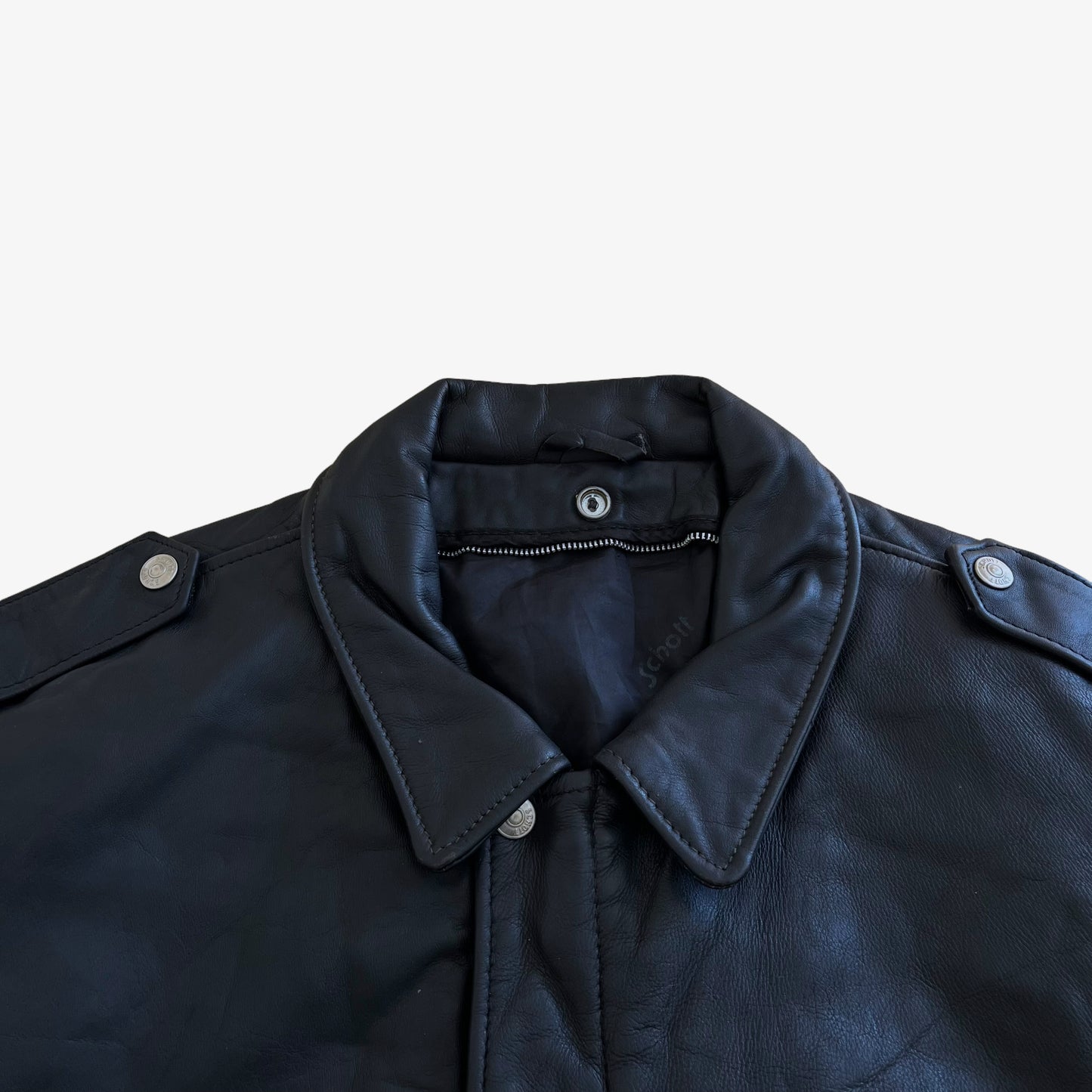 Vintage 80s Mens Schott Black Leather Pilot Jacket Collar - Casspios Dream Vintage