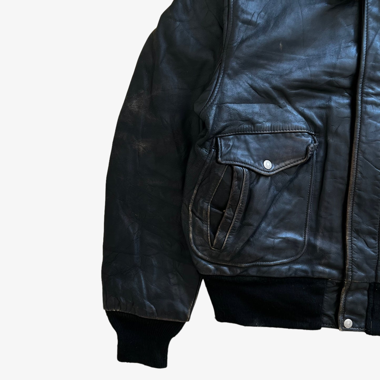 Vintage 80s Men's Schott Black Leather Pilot Jacket Pocket - Casspios Dream