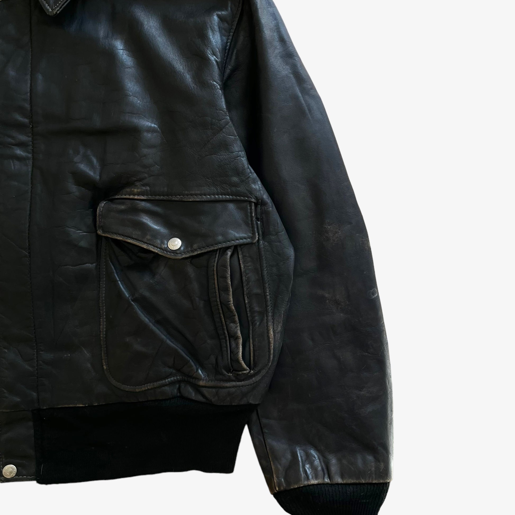 Vintage 80s Men's Schott Black Leather Pilot Jacket Sleeve - Casspios Dream