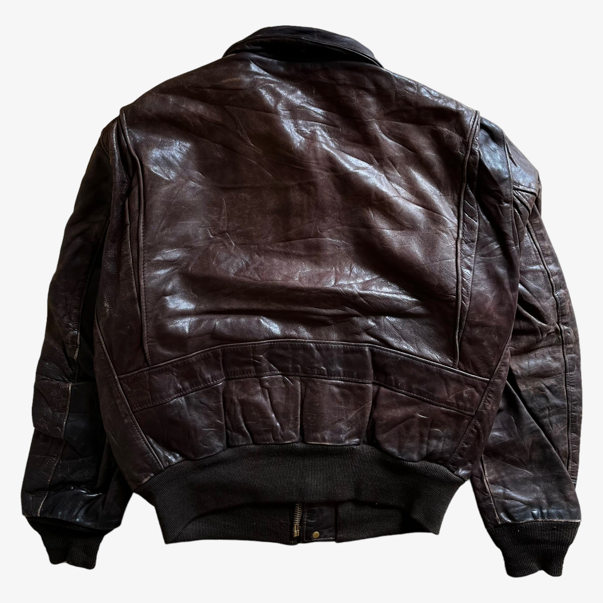 Vintage 80s Men's Schott Brown Leather Pilot Jacket Back - Casspios Dream