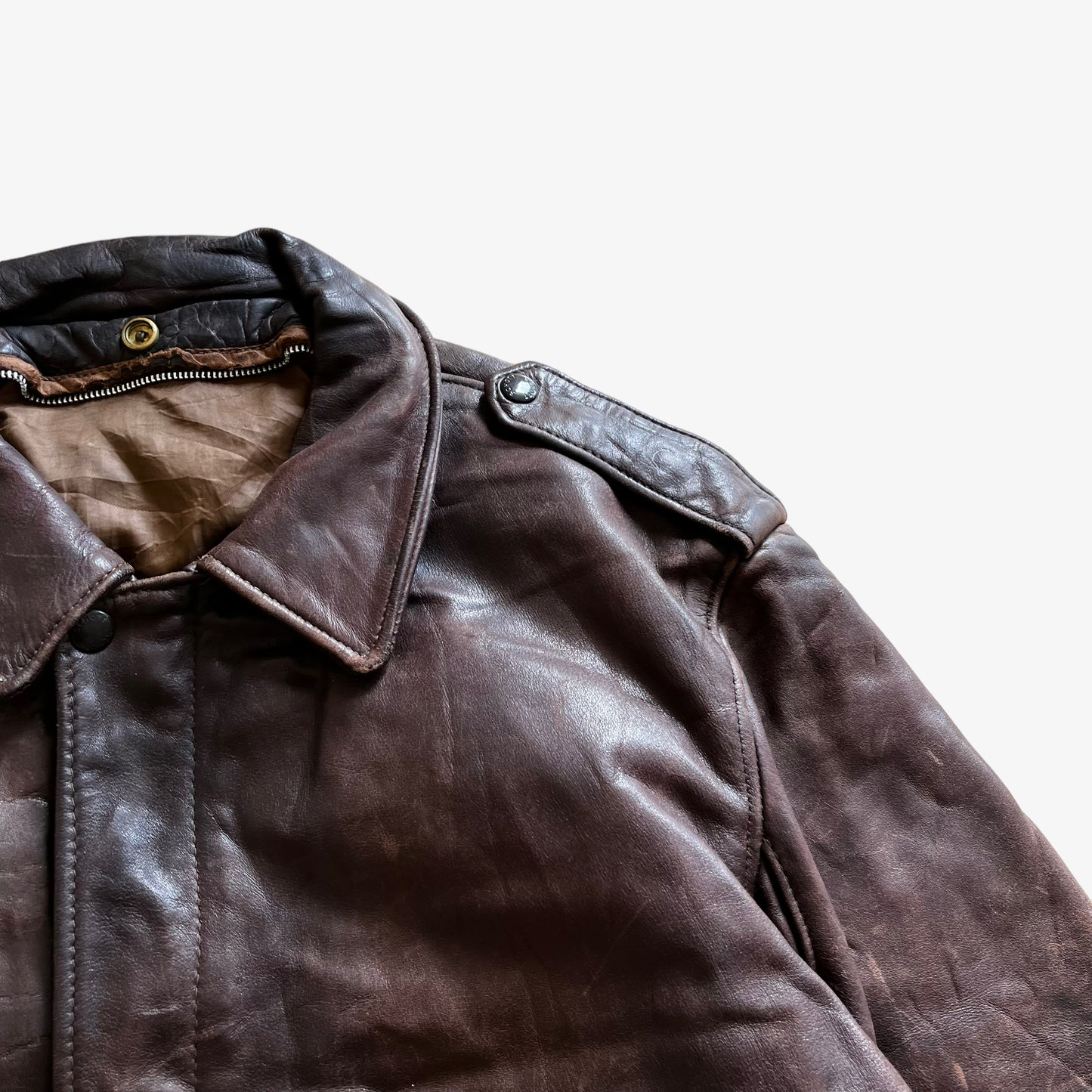 Vintage 80s Men's Schott Brown Leather Pilot Jacket Lapel - Casspios Dream