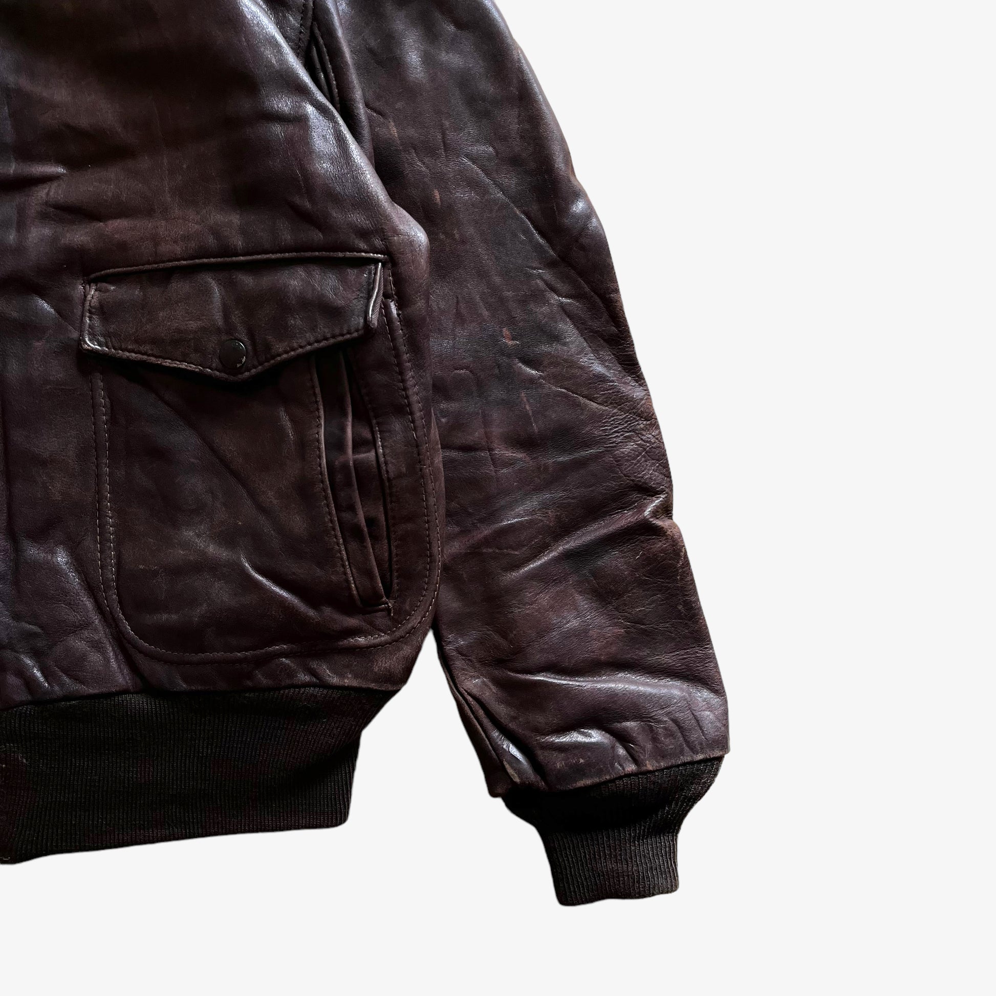Vintage 80s Men's Schott Brown Leather Pilot Jacket Sleeve - Casspios Dream