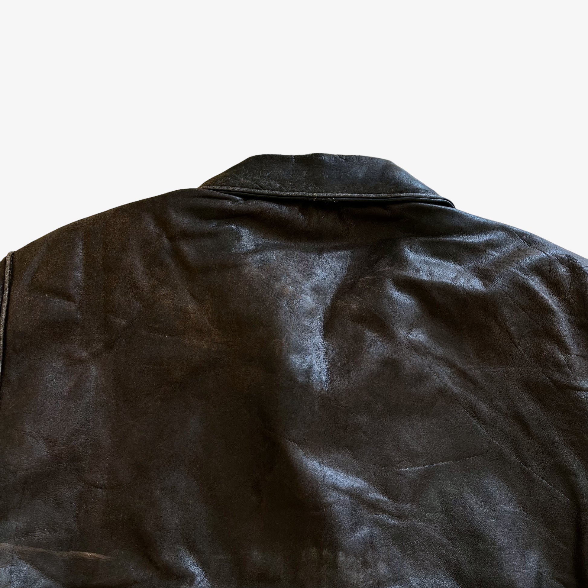 Vintage 80s Mens Schott Dark Brown Leather Pilot Jacket Back Collar - Casspios Dream