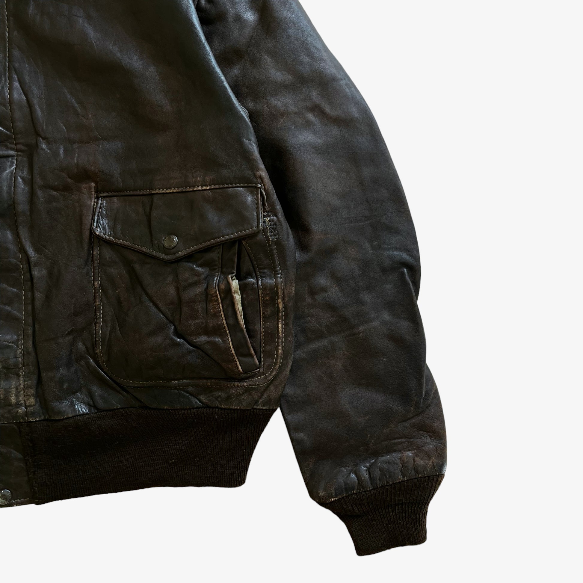 Vintage 80s Mens Schott Dark Brown Leather Pilot Jacket Sleeve - Casspios Dream