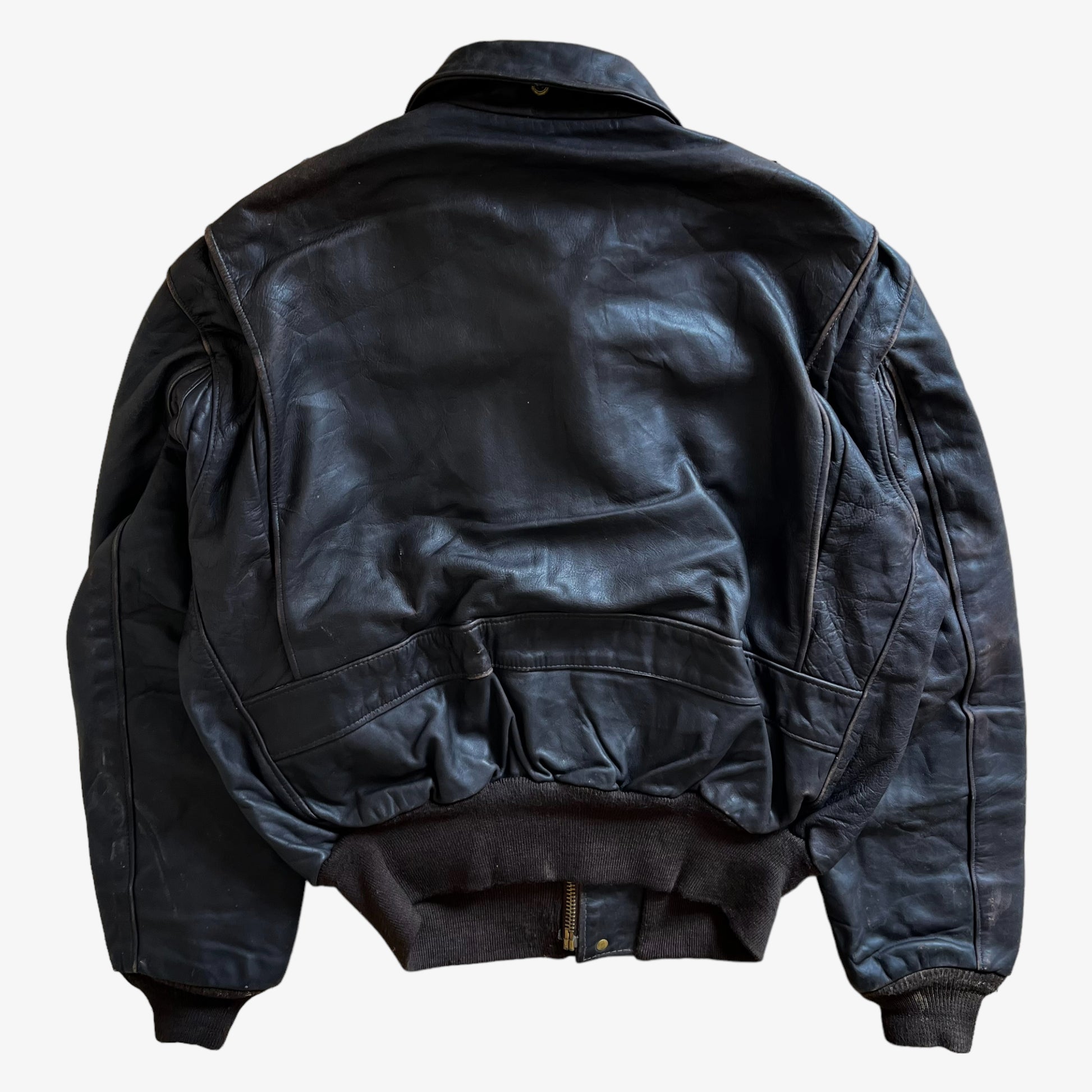 Vintage 80s Mens Schott Black Leather Pilot Jacket Back - Casspios Dream