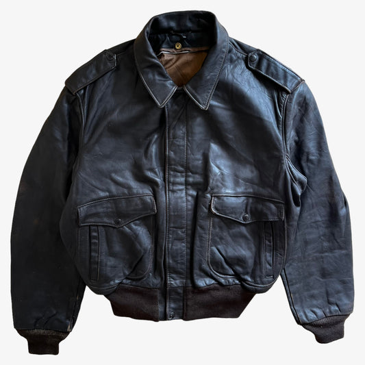 Vintage 80s Mens Schott Black Leather Pilot Jacket - Casspios Dream