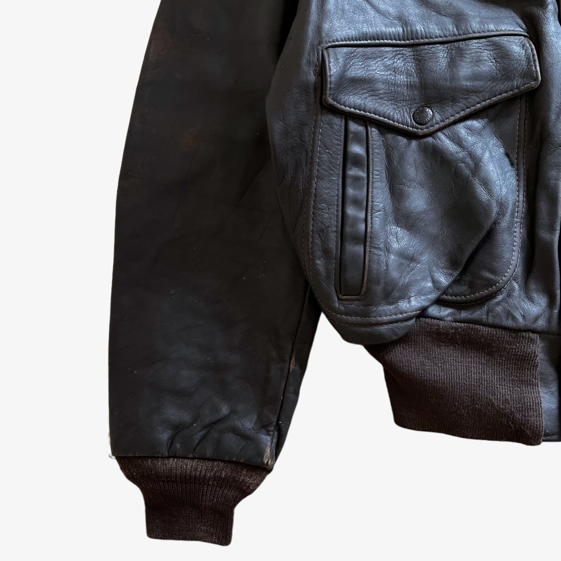 Vintage 80s Mens Schott Black Leather Pilot Jacket Cuff - Casspios Dream