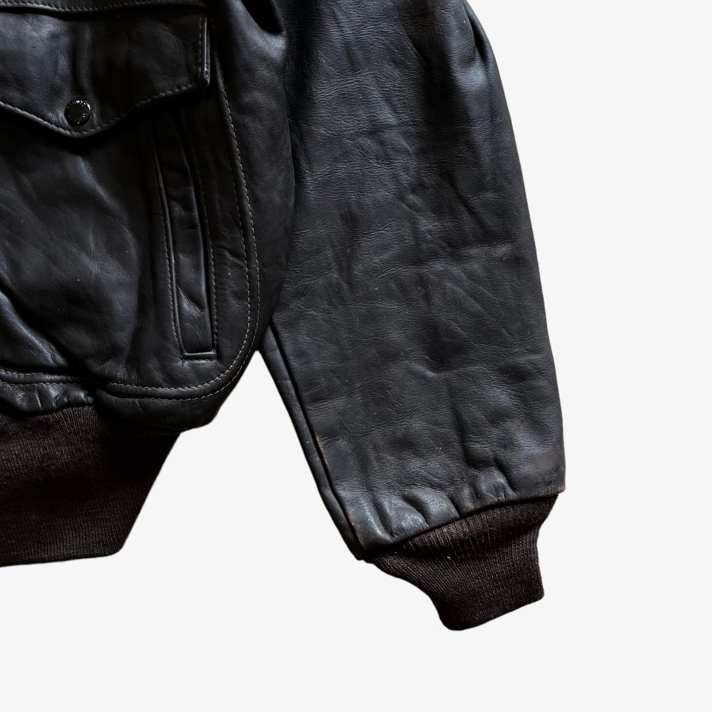 Vintage 80s Mens Schott Black Leather Pilot Jacket Sleeve - Casspios Dream