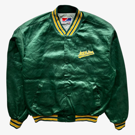Vintage 80s men's Swingster MLB Oakland Athletics green varsity jacket.