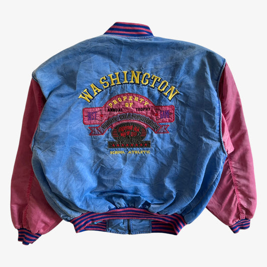Vintage 80s Mens Take Five Washington Rugby Championship Faded Blue And Red Varsity Jacket Back - Casspios Dream