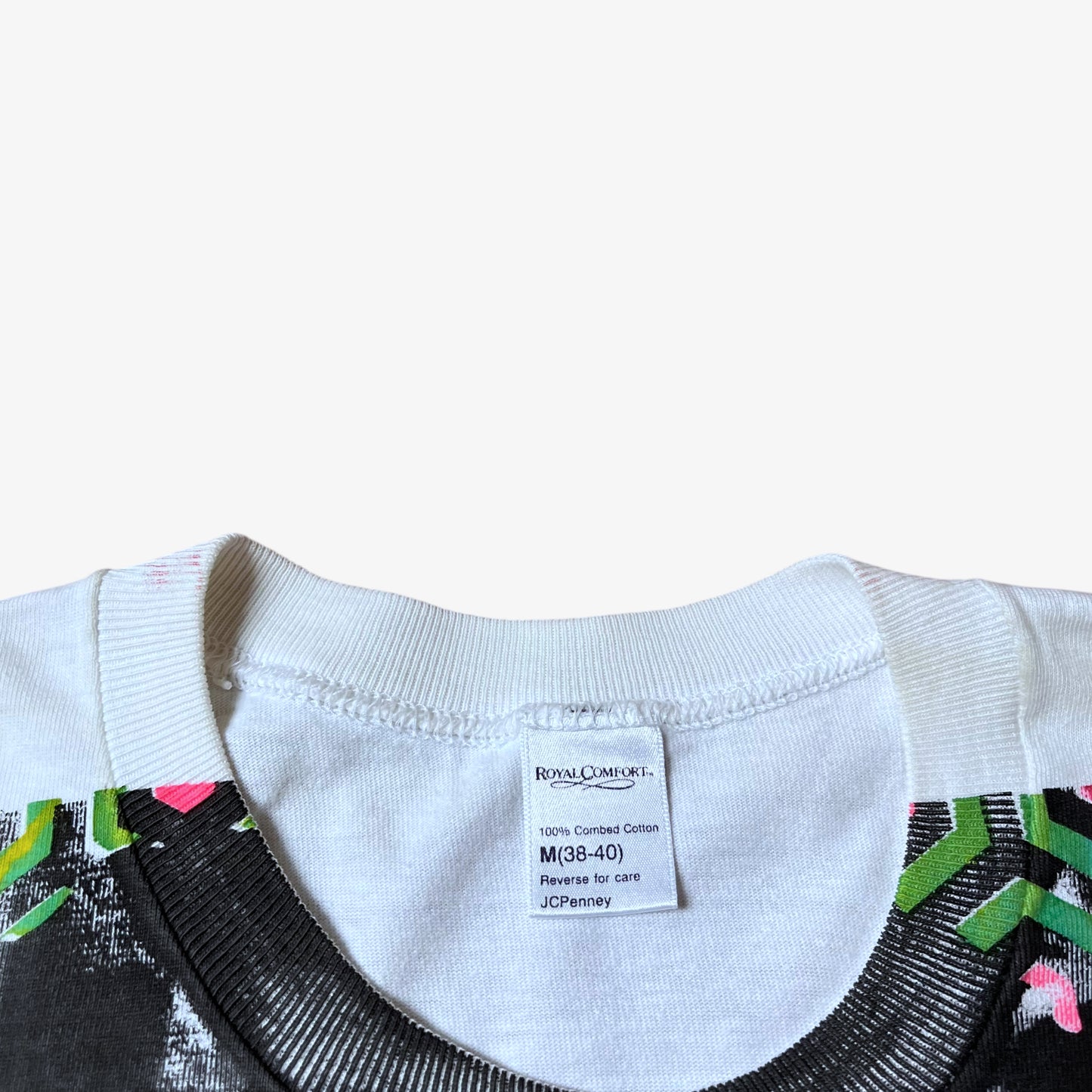 JC Penney label stitched inside of vintage 80s men's The Shining here's Johnny Jack Nicholson print single stitch white t-shirt.