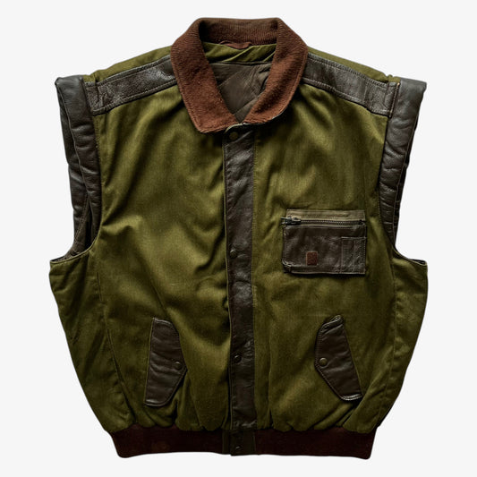 Vintage 80s Mens Yugoslav Military Khaki Combat Gilet With Brown Leather Trim - Casspios Dream