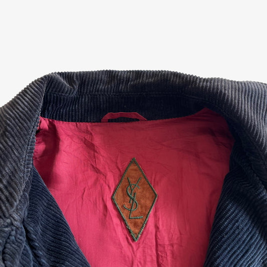 Vintage 80s Mens Yves Saint Laurent Navy Jacket With Corduroy Collar Logo - Casspios Dream