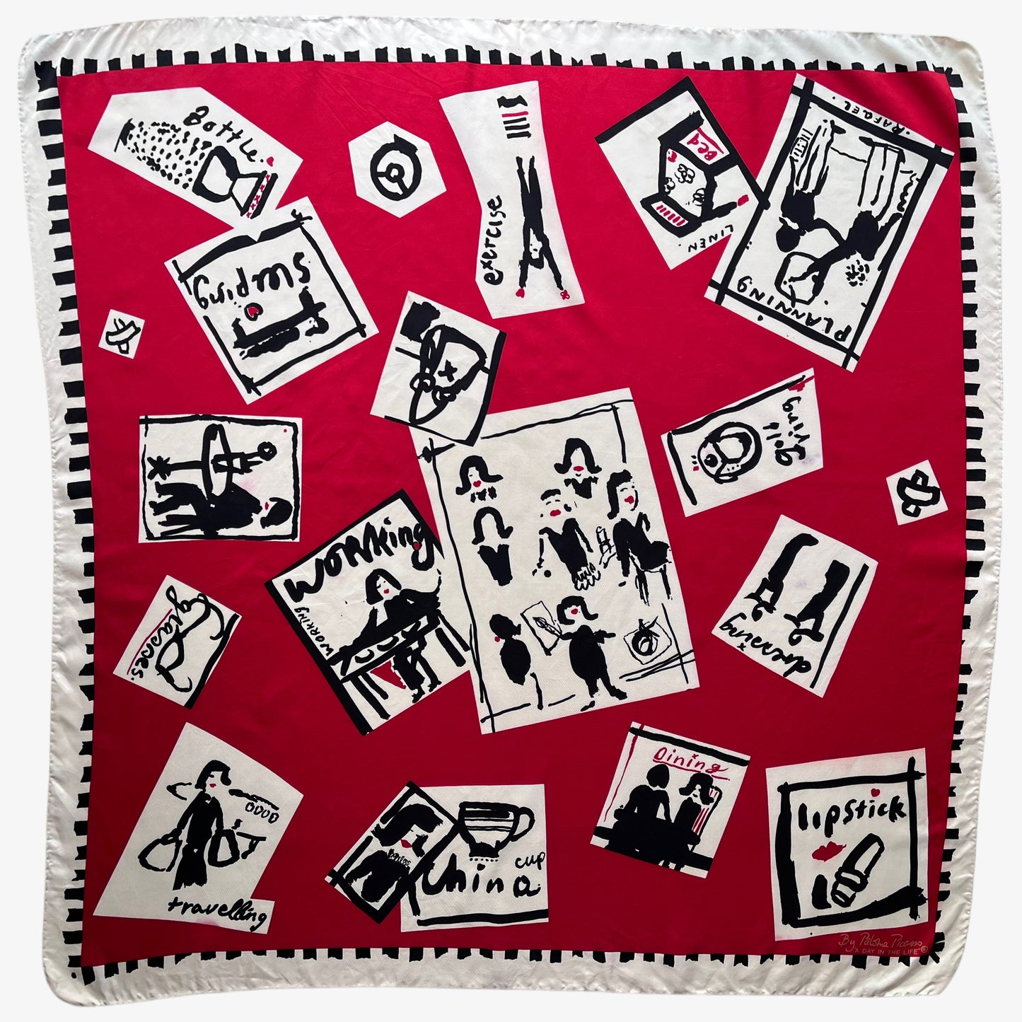 Women's vintage 80s Paloma Picasso red silk scarf featuring the famous a day in the life of a woman design.